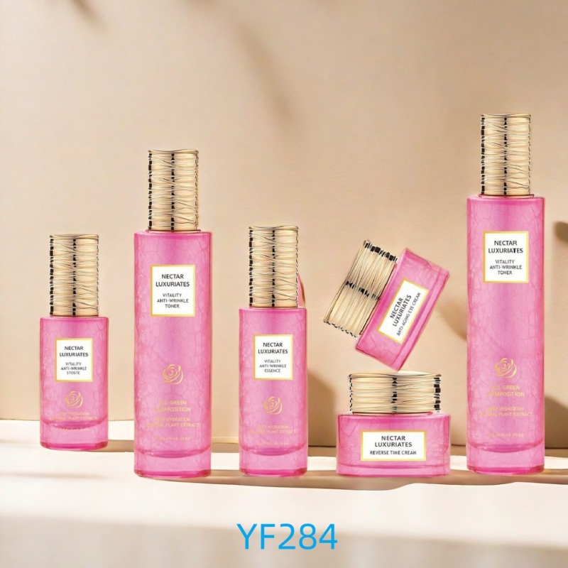 Slim Glass Cosmetic Bottle Set with Gold Plated Cap for Lotion Packaging YF284