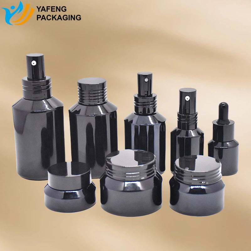 Custom Cosmetic Black Glass Bottle Packaging for Skincare Brands 1 Black Glass Bottle Packaging set YF-S026