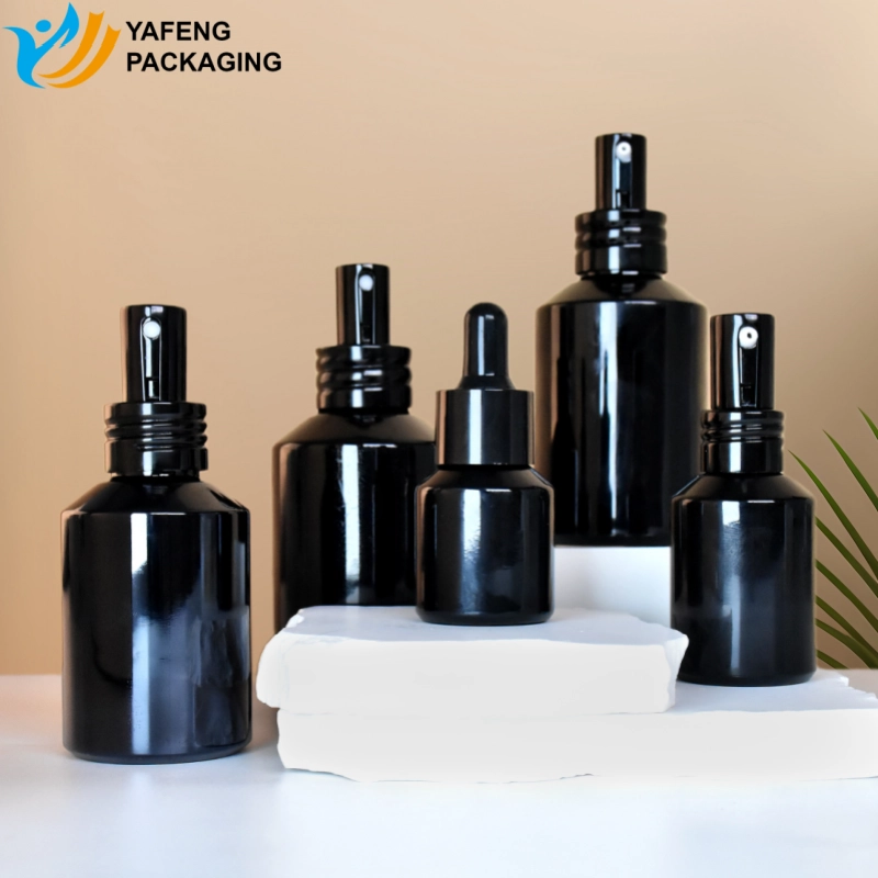Custom Cosmetic Black Glass Bottle Packaging for Skincare Brands 7 product display of Black Glass Bottle Packaging YF-S026