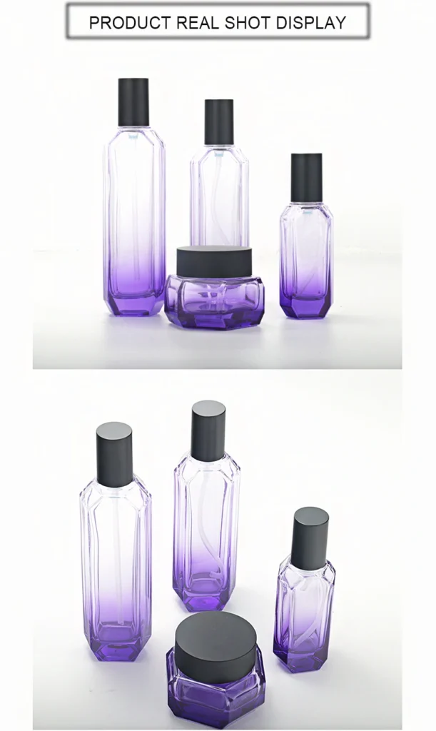 Custom Hexagonal Glass Bottles and Jars for Beauty Packaging 3 Product display of Custom Hexagonal Glass Bottles and Jars for Beauty Packaging YF-S025 6
