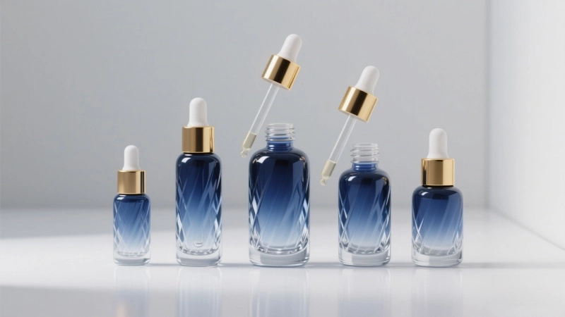 round blue glass dropper bottle with golden dropper