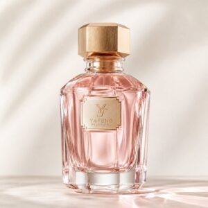 Luxury pink crystal glass perfume bottle with brushed gold octagonal cap and embossed metal nameplate, custom designed for premium feminine fragrance brands