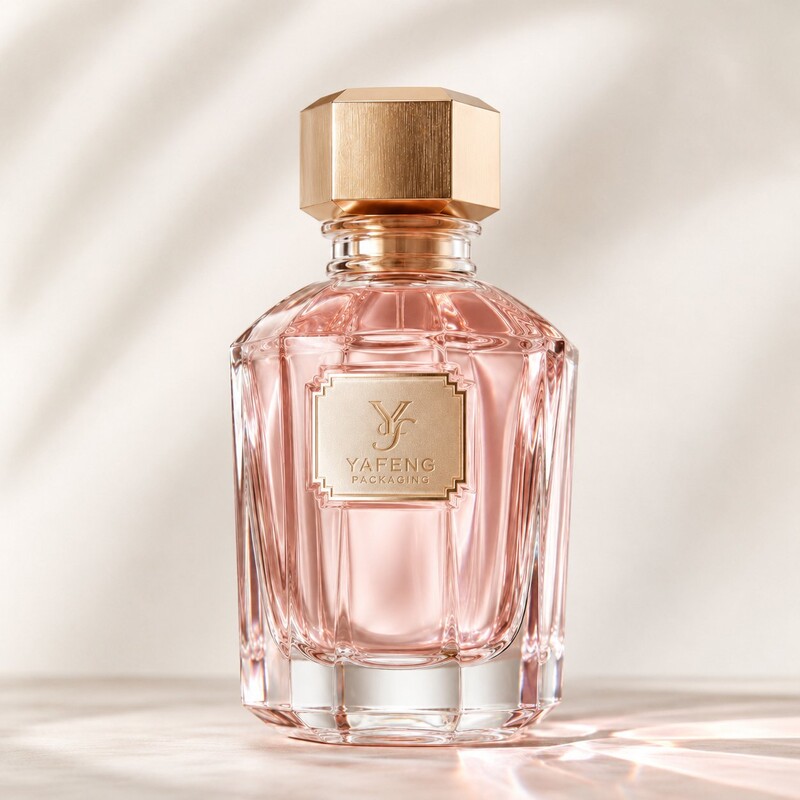Luxury pink crystal glass perfume bottle with brushed gold octagonal cap and embossed metal nameplate, custom designed for premium feminine fragrance brands